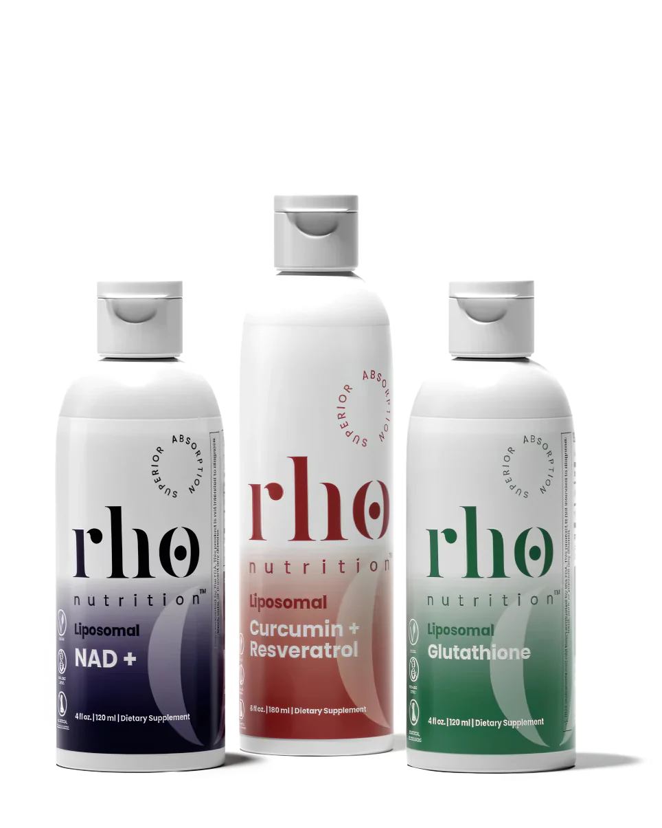 Rho Nutrition - Cellular Health Essentials Bundle – Liquid Liposomal Supplements for Healthy Aging & Cellular Support - NAD+, Curcumin + Resveratrol, & Glutathione (3 Pack)