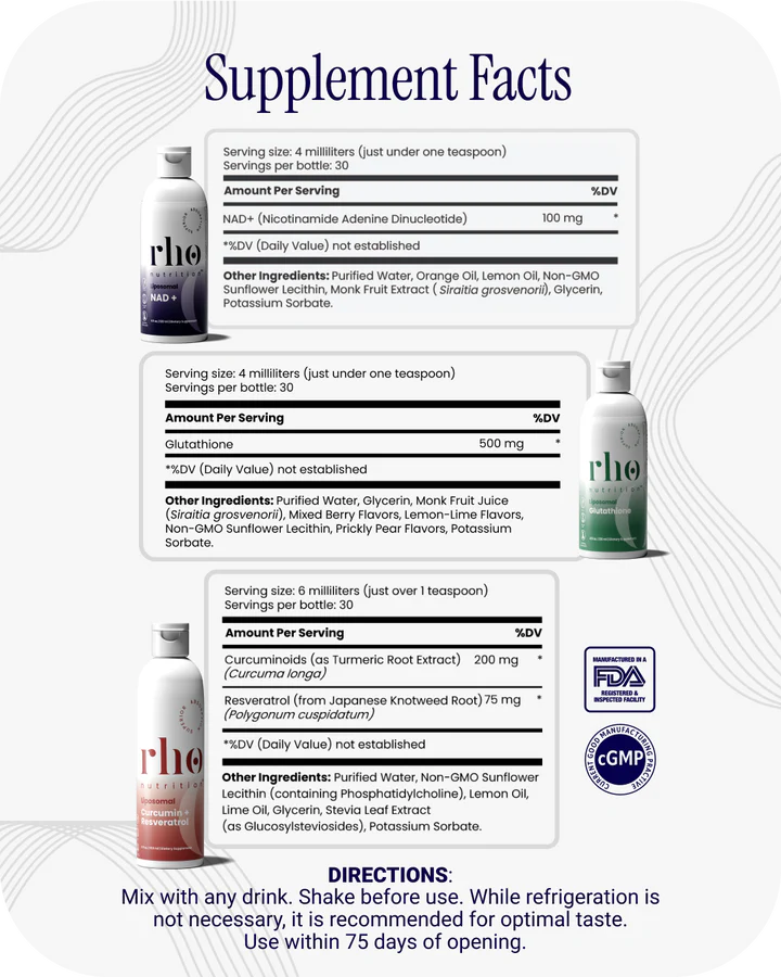 Rho Nutrition - Cellular Health Essentials Bundle – Liquid Liposomal Supplements for Healthy Aging & Cellular Support - NAD+, Curcumin + Resveratrol, & Glutathione (3 Pack)